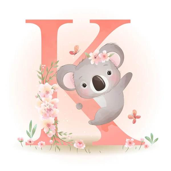 Cute Doodle Koala Niedźwiedź Kwiatowej Ilustracji — Wektor stockowy