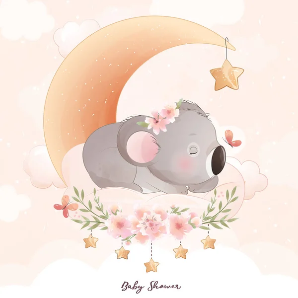 Söt Doodle Koala Björn Med Blommig Illustration — Stock vektor