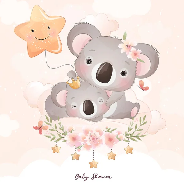 Cute Doodle Koala Niedźwiedź Kwiatowej Ilustracji — Wektor stockowy