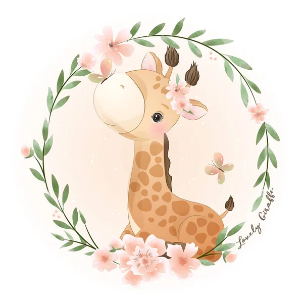 Carino Doodle Giraffa Con Illustrazione Floreale — Vettoriale Stock