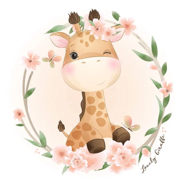 Söt Doodle Giraff Med Blommig Illustration — Stock vektor