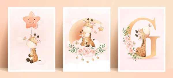 Χαριτωμένη Καμηλοπάρδαλη Floral Set Illustration — Διανυσματικό Αρχείο