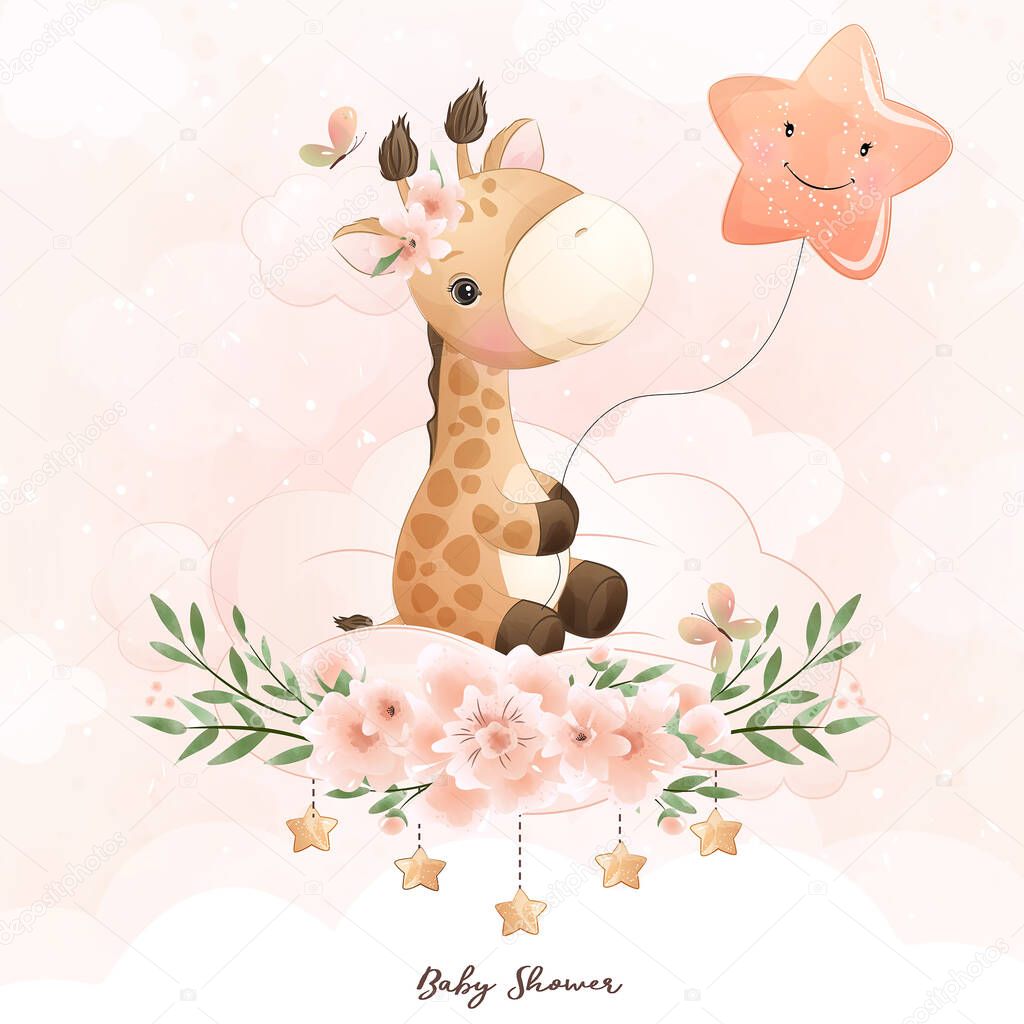 Cute doodle giraffe with floral illustration