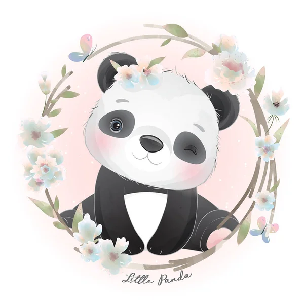 Niedlicher Doodle Panda Mit Floraler Illustration — Stockvektor