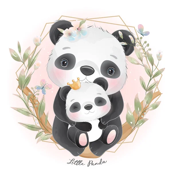 Bonito Doodle Panda Com Ilustração Floral — Vetor de Stock
