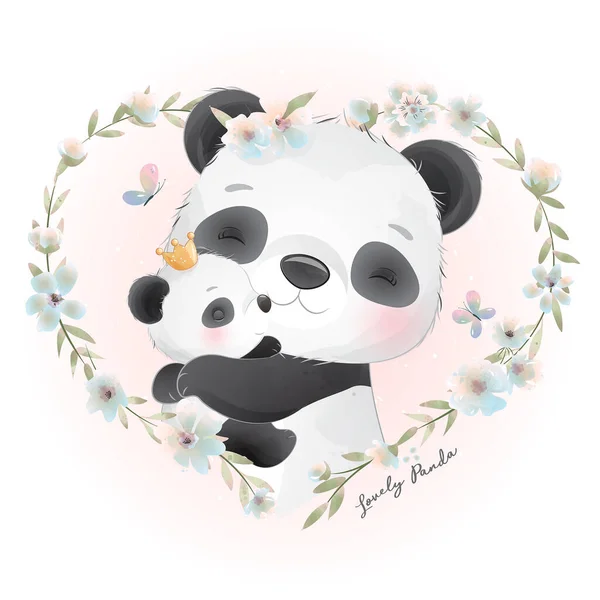 Lindo Panda Garabatos Con Ilustración Floral — Vector de stock