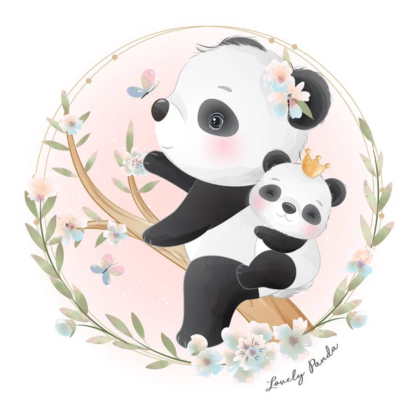 Söt Doodle Panda Med Blommig Illustration — Stock vektor