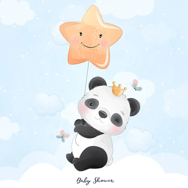 Mignon Panda Doodle Avec Illustration Florale — Image vectorielle