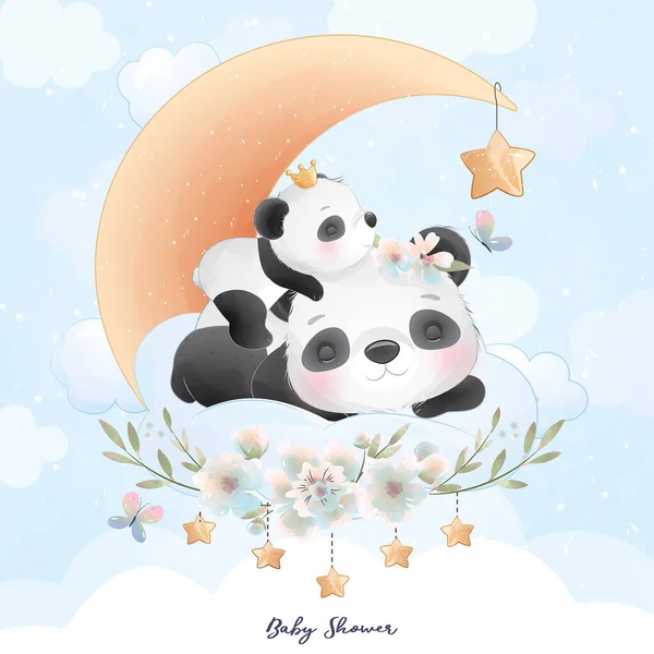 Carino Doodle Panda Con Illustrazione Floreale — Vettoriale Stock