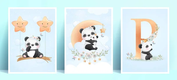 Lindo Panda Garabatos Con Ilustración Floral — Vector de stock