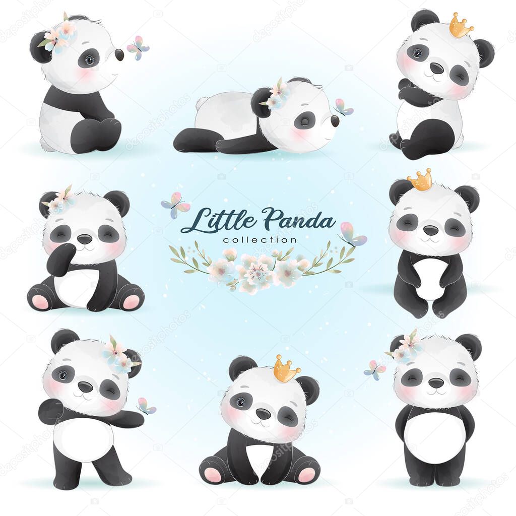 Cute doodle panda with floral illustration