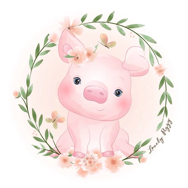 Carino Doodle Piggy Con Illustrazione Floreale — Vettoriale Stock