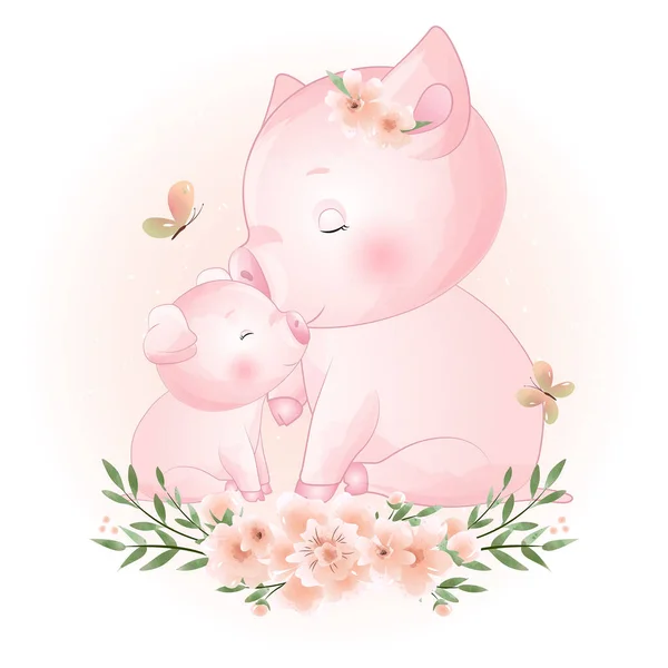 Carino Doodle Piggy Con Illustrazione Floreale — Vettoriale Stock