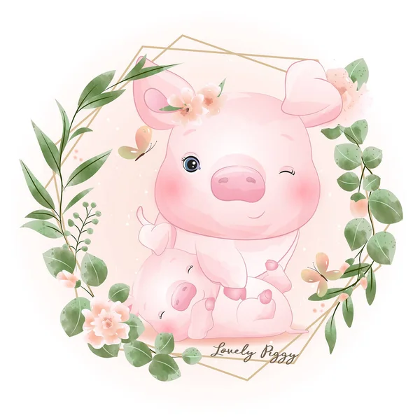 Niedliches Doodle Schweinchen Mit Floraler Illustration — Stockvektor