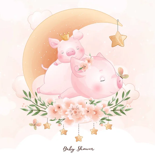 Cochon Gribouillé Mignon Avec Illustration Florale — Image vectorielle