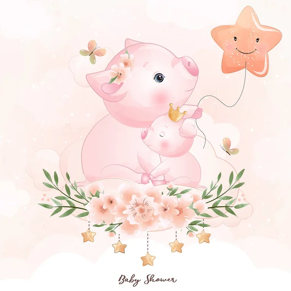 Porquinho Bonito Doodle Com Ilustração Floral — Vetor de Stock