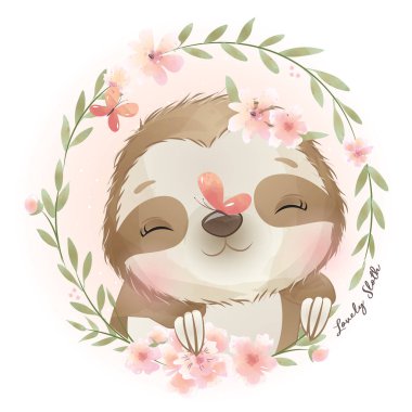 Cute doodle sloth with floral illustration clipart