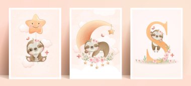 Çiçek koleksiyonu olan şirin bir karalama tembelliği.