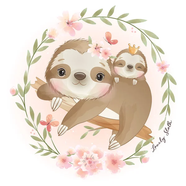 Mignon Paresseux Doodle Avec Illustration Florale — Image vectorielle