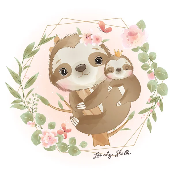 Cute Doodle Sloth Floral Illustration — Stock Vector