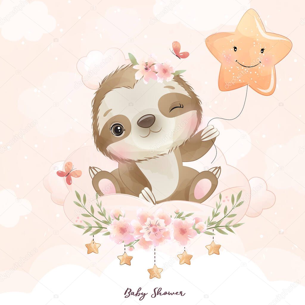 Cute doodle sloth with floral illustration