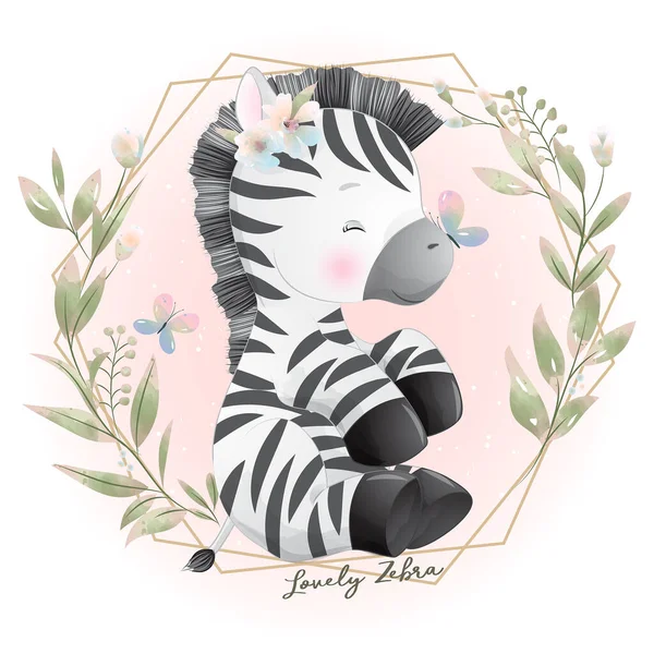 Söt Doodle Zebra Med Blommig Illustration — Stock vektor