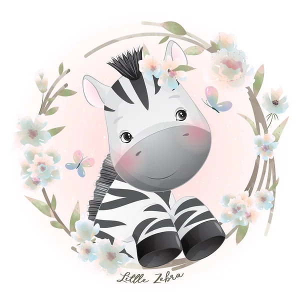 Söt Doodle Zebra Med Blommig Illustration — Stock vektor