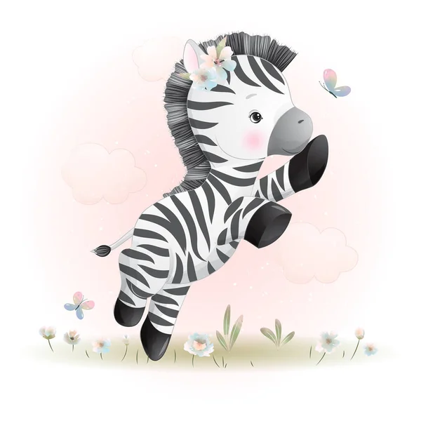 Söt Doodle Zebra Med Blommig Illustration — Stock vektor