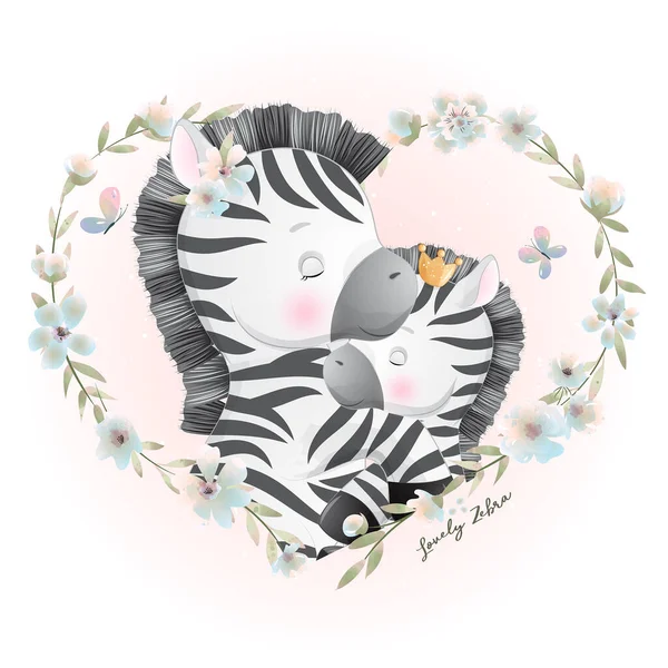 Niedliches Doodle Zebra Mit Floraler Illustration — Stockvektor