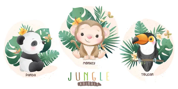 かわいいですジャングル動物とともに花コレクション — ストックベクタ