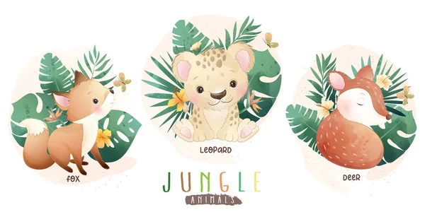 Lindos Animales Selva Con Colección Floral — Vector de stock