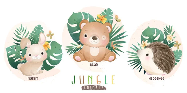 Lindos Animales Selva Con Colección Floral — Vector de stock