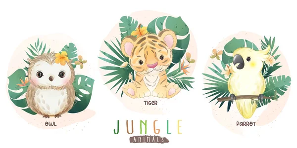 Lindos Animales Selva Con Colección Floral — Vector de stock