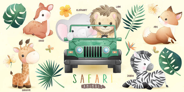 Cute doodle safari animals with floral collection