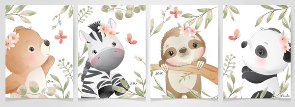 Çiçek koleksiyonu olan sevimli karalama hayvanları.