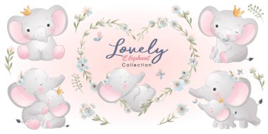 Cute doodle elephant with floral collection clipart
