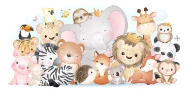 Cute doodle animals with watercolor collection clipart