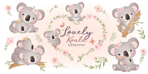 Lindo Doodle Koala Con Colección Floral — Vector de stock