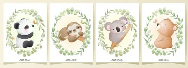 Animales Garabato Lindo Con Ilustración Conjunto Floral — Vector de stock