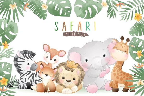 Söta Doodle Safari Djur Med Blommig Illustration — Stock vektor