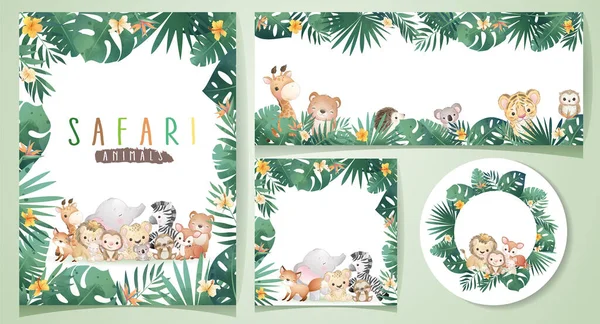 Carino Doodle Safari Animali Con Illustrazione Set Floreale — Vettoriale Stock