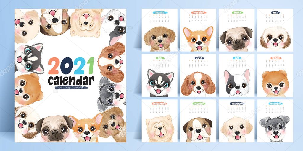 Cute doodle dogs calendar for year 2021 collection