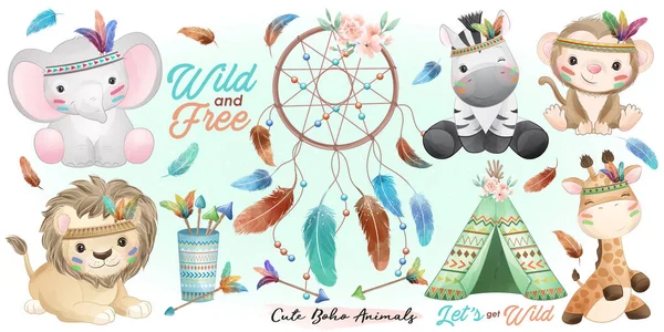 Cute Boho Hewan Diatur Dengan Cat Air Ilustrasi - Stok Vektor