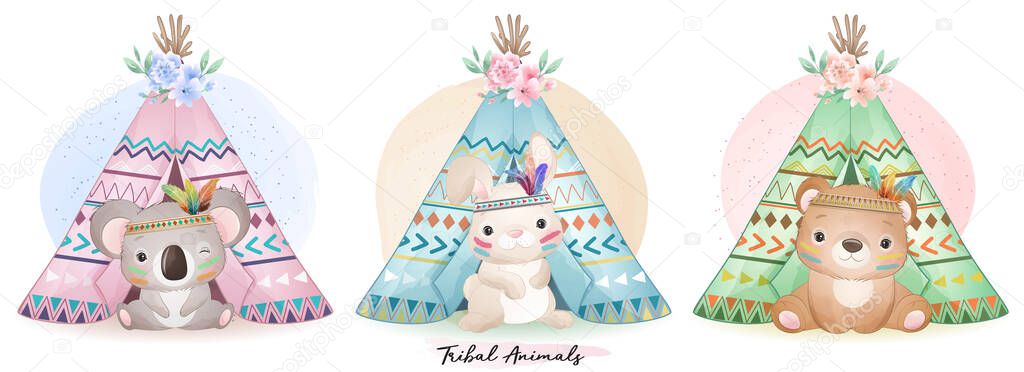 Cute boho animals set with watercolor illustration