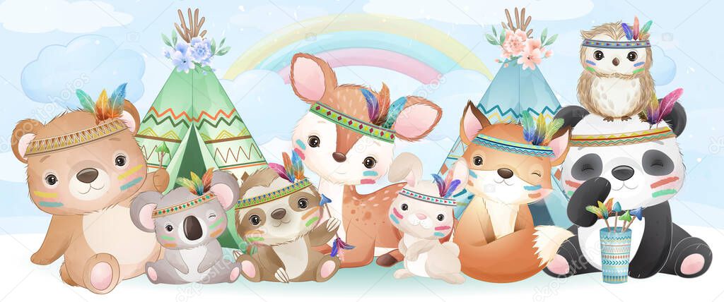Cute boho animals set with watercolor illustration
