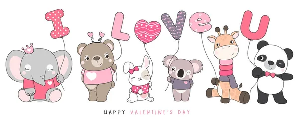 Niedliche Lustige Doodle Tiere Zum Valentinstag Illustration — Stockvektor