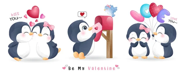 かわいいドードルペンギンのためのバレンタインデーコレクション — ストックベクタ