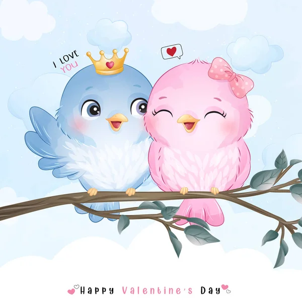 Cute Doodle Birds Valentine Day — Stock Vector