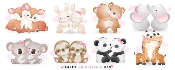 Carino Doodle Coppia Animali Giorno San Valentino — Vettoriale Stock