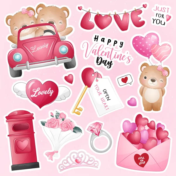 Carino Orsetto Doodle Con Elementi Collezione San Valentino — Vettoriale Stock